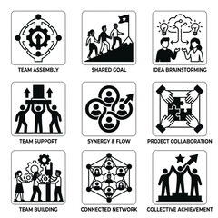 Fototapeta premium Hand Drawn Teamwork Icons Set with Collaboration and Business Concepts in Black and White Line Art Style