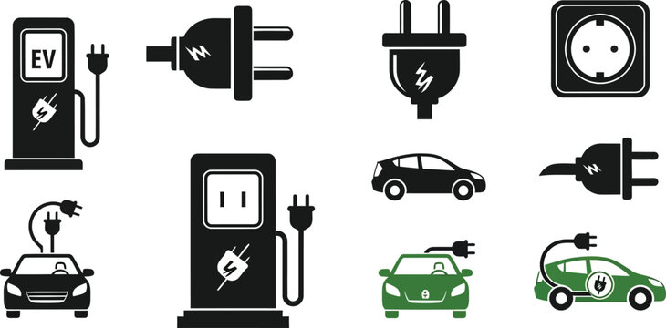 Electric vehicle charging black and green charging station plug