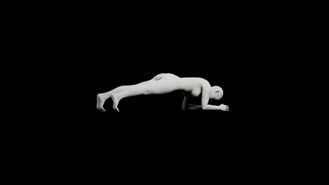 Serene forward bend figure model against black backdrop