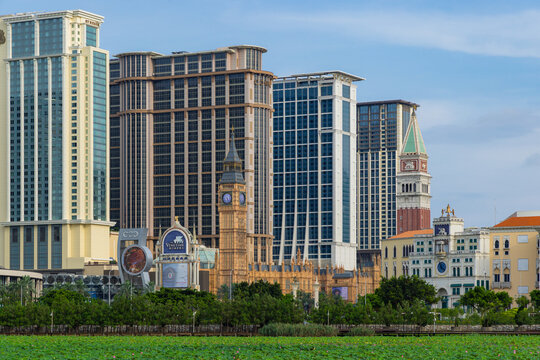 Tall towers and iconic hotels of macao cotai strip district