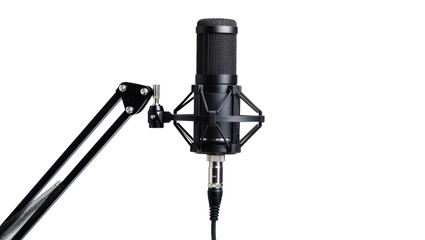 Black condenser microphone on adjustable boom arm stand © Anna