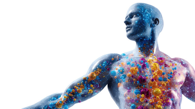 Body Immune System Defense: A striking 3D render depicts a human body as a blue silhouette, covered in colorful, vibrant cells representing the immune system fighting off invaders.