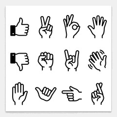 Fototapeta premium Hand Gesture Icons Set in Black and White Minimalist Line Art Style