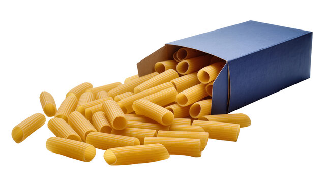 Rigatoni pasta spilling from blue box
