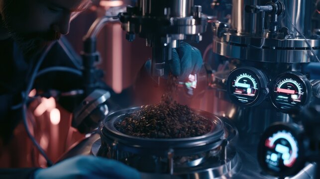 Technician wearing protective gloves carefully places dried agricultural pellets into a sleek modular acetylene reactor skid with digital flow gauges softly glowing in cinematic