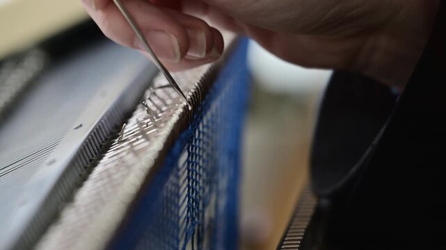 Close up of a woman adjusting blue knitted fabric on a flatbed knitting machine