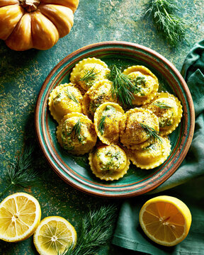 Pumpkin Ravioli with Ricotta Cheese and Lemon Rustic Autumn Food Still Life AI Generative