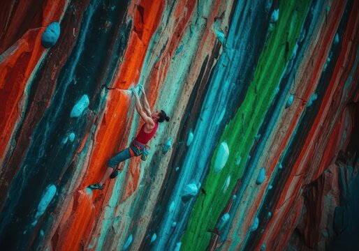 An athlete meticulously scales a sheer vertical cliff face, demonstrating incredible grip strength and expert maneuvering far above the ground below, physical, sport, risk