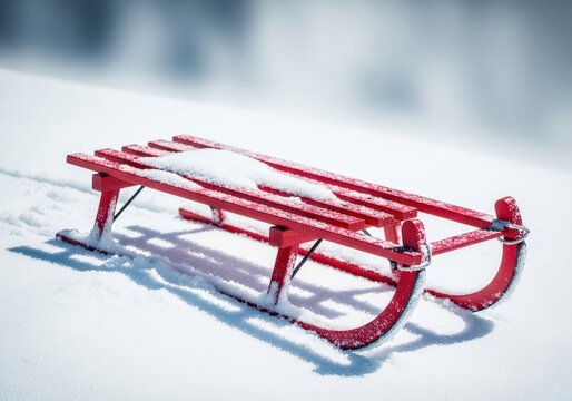 Classic red wooden sled waits patiently covered in white snow on a peaceful slope during the freezing month of January, crisp, bright, cold