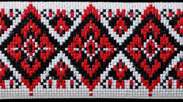 Traditional ethnic embroidered border pattern with repeating red black and white geometric diamond motifs showing classic folk cultural woven textile decorative design