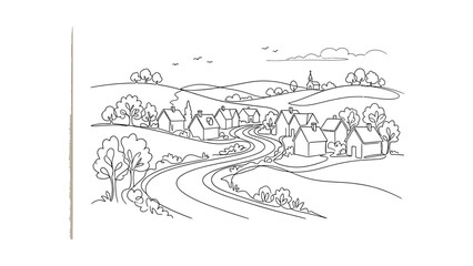 Fototapeta premium Hand drawn ink sketch of a peaceful village nestled in rolling hills.
