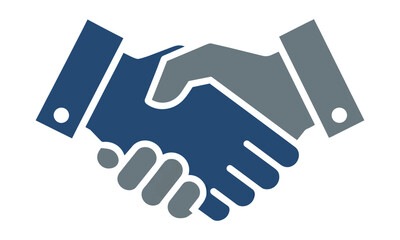 Obraz premium Professional handshake between two hands using bold blue and grey flat geometric shapes on a white background. Business partnership concept