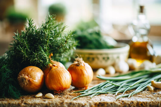 Fresh Onions Garlic and Herbs Rustic Kitchen Still Life. AI generative.