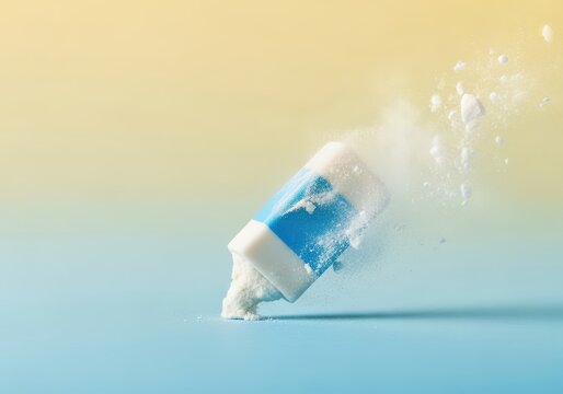 Conceptual image showing an eraser dissolving into thin air or fine white dust, symbolizing self-removal and paradoxical disappearance, abstract, vanishing, paradox