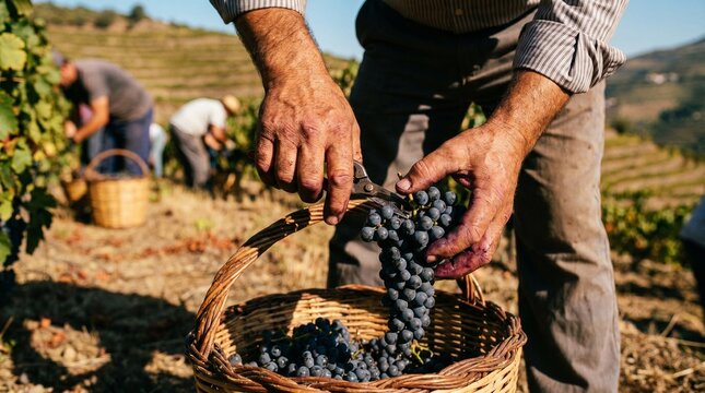 Vindima Tradicional no Douro Vinhateiro com Trabalhadores a Colher Uvas para a Produ&ccedil;&atilde;o do Famoso Vinho do Porto.
