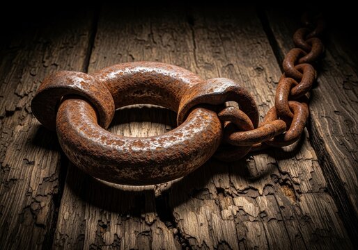 Heavy, rusty iron shackle lying on a dark, rough wooden surface, symbolizing historical injustice and the dark past of forced servitude, texture, rusty, injustice