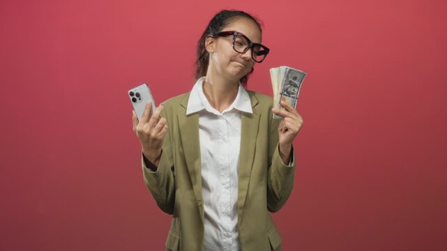 Woman holding smartphone and a fan of cash, shrugging with raised shoulders in studio; indecision materialism choice.