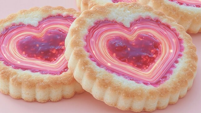 Round buttery shortbread cookies with heart shaped pink red berry jam filling placed on soft pink background showing sweet romantic valentines day holiday treat