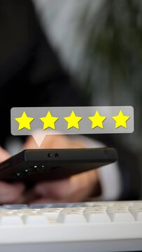 Vertical of a smartphone displays a five star rating. Excellent customer feedback, online review, satisfaction, trust, and service quality concept