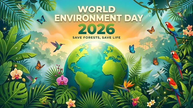 world environment day banner with earth and tropical plants vector illustration ecology nature conservation parrots butterflies forest green