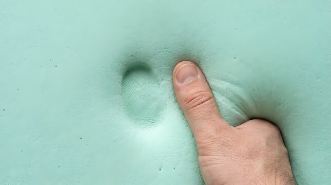 Human thumb presses down firmly into a soft mint green memory foam surface demonstrating the material elasticity and high quality texture in this detailed close up photo