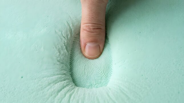 Human finger pressing firmly into a soft green memory foam surface showing the detailed texture and impression left behind in this close up macro studio photograph