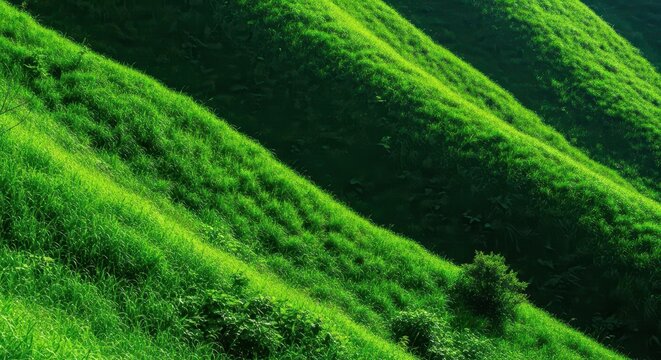A beautiful, steeply sloping hillside covered in thick, lush, emerald green grass and foliage under bright natural daylight, slope, vegetation, rolling