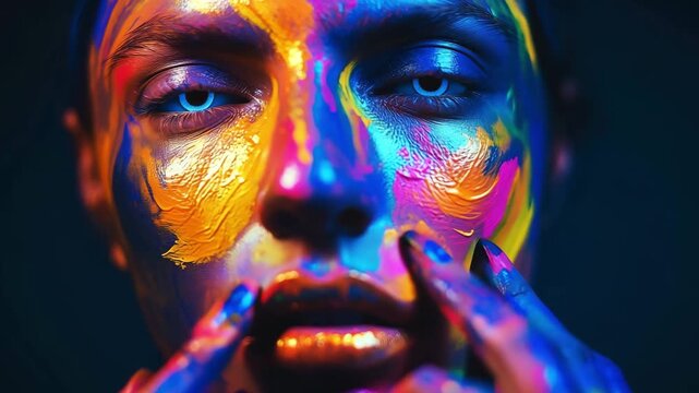 A person applies bright paint to their face with hands in a dark studio at an art event showcasing creative expression