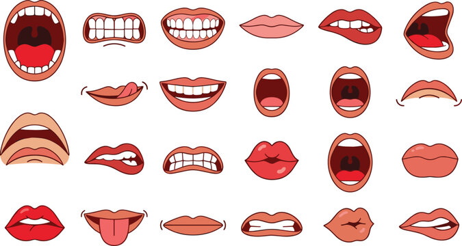 Cartoon Mouths and Lips Vector Set Featuring Various Facial Expressions Like Smiling Screaming Biting Lip Kissing and Sticking Out Tongue