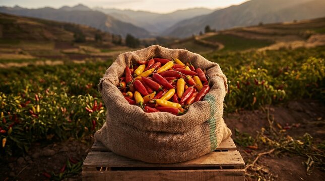 Group of Farmers Shucking and Weighing Hot Peppers on Rustic Cart with Andean Mountains Background