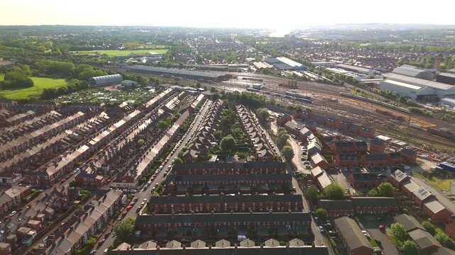 Newcastle upon Tyne UK: 25th May 2026: Drone footage shows terraced houses in Heaton at dawn. The layout of homes and the early morning light create a unique urban scene. Rows of 