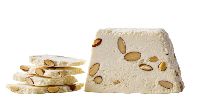 White nougat confection with almonds stacked and sliced