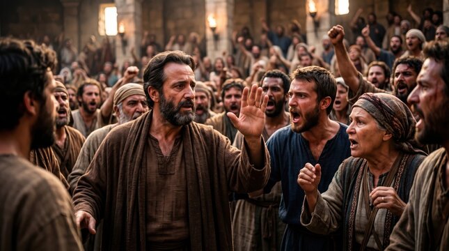 Man attempts to calm an angry crowd in an ancient city square. Biblical scene depicting chaos and protest. Religious reenactment of historical events based on the Acts of the Apostles.