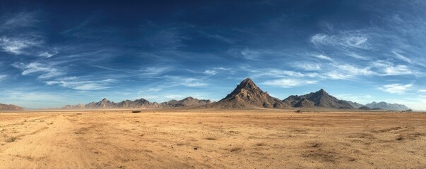 Vast panorama of a desert landscape under a vibrant, cloud-streaked blue sky, with distant mountains © Syahrul