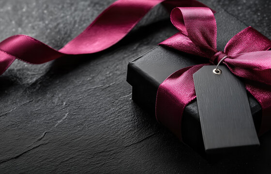Elegant black gift box tied with a magenta ribbon and a blank tag on a dark textured background