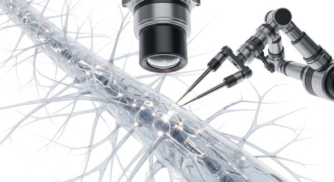 Medical 3d render of a surgical robot performing microsurgery on a blood vessel, detailed, futuristic, advanced technology isolated on transparent background