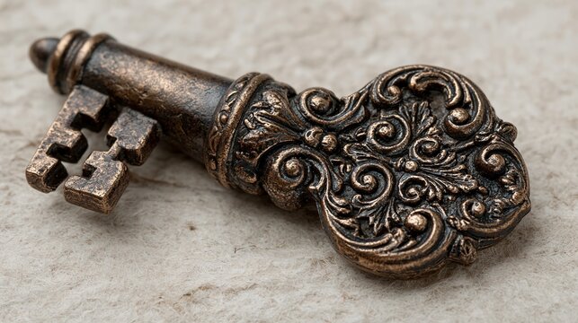 Detailed antique bronze skeleton key featuring intricate floral carvings resting on a soft textured surface
