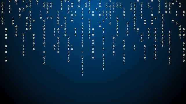 Abstract binary code rain falling on dark blue technology background