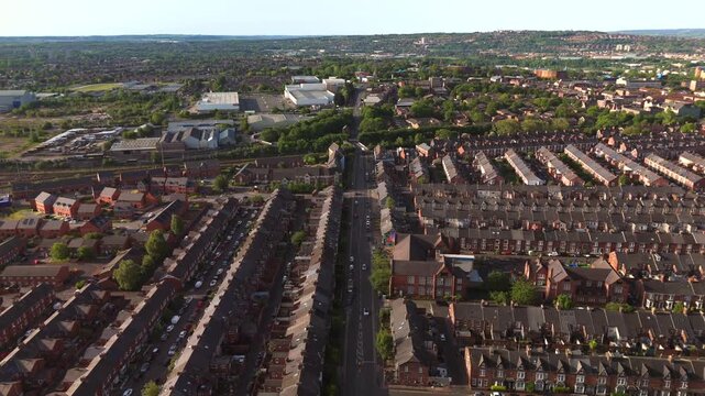 Newcastle upon Tyne UK: 25th May 2026: Drone footage shows terraced houses on Chillingham Road  Heaton, Newcastle upon Tyne at dawn. Rows of Tyneside flats im the early morning light create a unique u