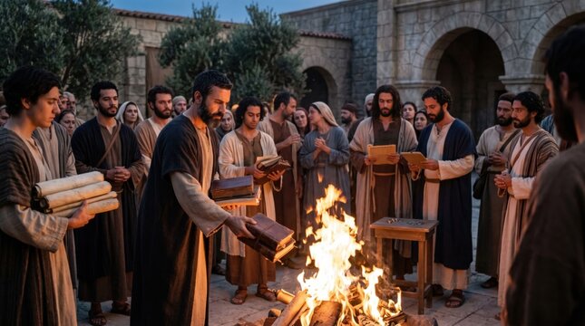 Men burning scrolls and books in fire as public act of repentance. Biblical scene from Acts 19 representing conversion and turning away from witchcraft to faith in God during ancient times.
