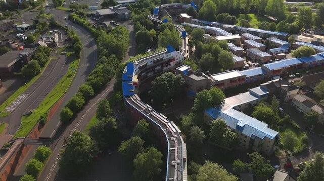 Newcastle upon Tyne UK: 25th May 2026: Drone captures the layout of Byker Wall during dawn. The design shows buildings, greenery, and streets forming a clear structure in the landscape
