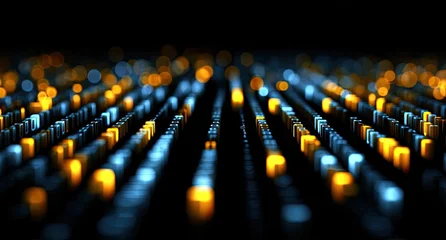 Abstract digital landscape of illuminated blue and gold rectangular shapes set against a dark background © Syahrul