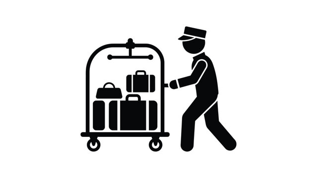 Hotel bellboy icon pushing luggage cart with suitcases.