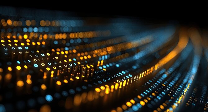 Abstract digital data streams of binary code in blue and amber bokeh effect
