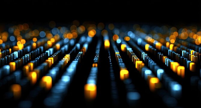 Abstract digital landscape of illuminated blue and gold rectangular shapes set against a dark background