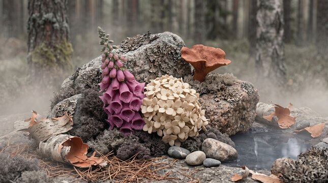 Purple foxglove and hydrangea flowers on lichen rocks in misty forest