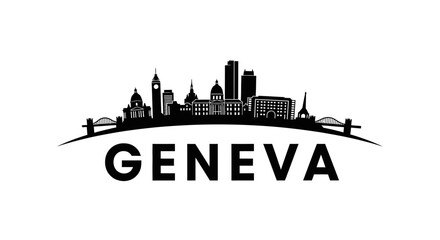 Obraz premium Dynamic black and white skyline illustration showcasing Geneva's iconic urban landscape featuring diverse architectural