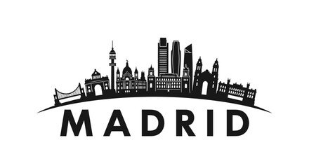 Fototapeta premium Stylized silhouette of madrid city's skyline featuring iconic architecture and landmarks in a minimalist black and white design