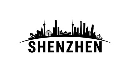 Fototapeta premium Dynamic silhouette of Shenzhen's iconic skyline showcasing modern skyscrapers and architectural landmarks under a clear sky