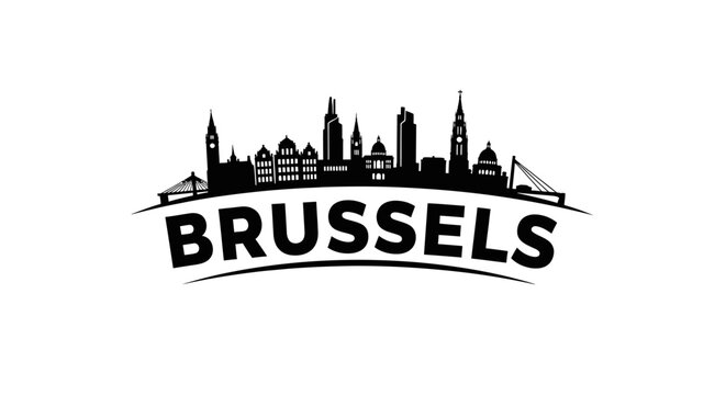 Stylized silhouetted skyline of brussels with iconic landmarks and the city name in bold text emphasizing urban scenery